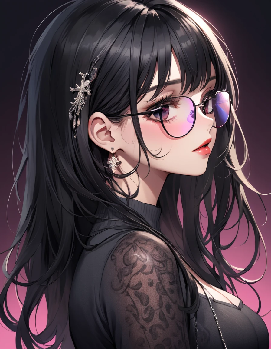 black long hair, blunt bangs,((((Jet black, black hair)))),(ultra-detailed eyes, beautiful and detailed face, detailed eyes: 0.9), ,((full shot)), , longeyelashes, beautiful hair, beautiful face, beautiful detailed eyes, beautiful clavicle, beautiful body, beautiful chest, beautiful thigh, beautiful legs, beautiful fingers, unity 8k wallpaper, anatomically correct, (((masterpiece))), (((best quality))), (((ultra detailed))), (((high-resolution))), ((super fine illustration、thin thighs)),Ultra-detailed photography with great depth of field, detailed eyes, ,small breasts,(((Put your hands on your face、))),(masterpiece,best quality,ultra-detailed),Rainbow , One Girl, alone, Long Hair, (((Big round sunglasses on your head))), View your audience, Glowing Eyes Background, jewelry, Mouth closed, Happy, Jacket, Upper Body, Earrings, necklace, From the side, sweater, lips, eyelash, Compensate, Wavy Hair, Earrings, cross, lipstick, ear Earrings, eye shadow, hoop Earrings, pink lips, Variegated eyes ,eye shadow, tattoo, Dark Background ,sunglasses