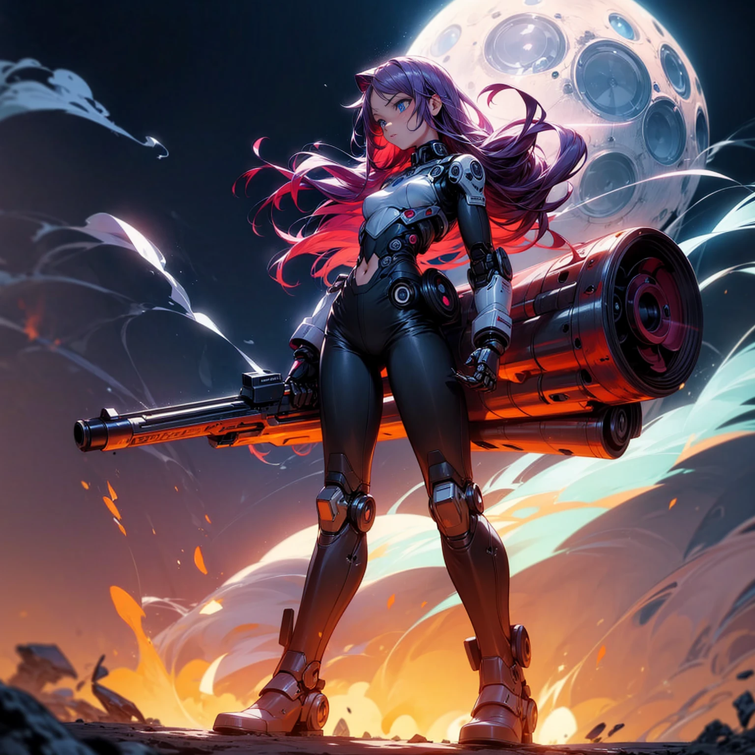 Ultra detailed, full background, Full body version, Grassroots, background in field, (solo, girl, cyborg, blue eyes, sad eyes, magenta color hair, long hair, pants, Boots), standing gesture, hand turns into a shotgun, low angle view, full body robotic, smoke effect, fire effect, lighting on shotgun, Red laser, largest robotic shotgun, moon, Moonlight, The whole body is fully robotic