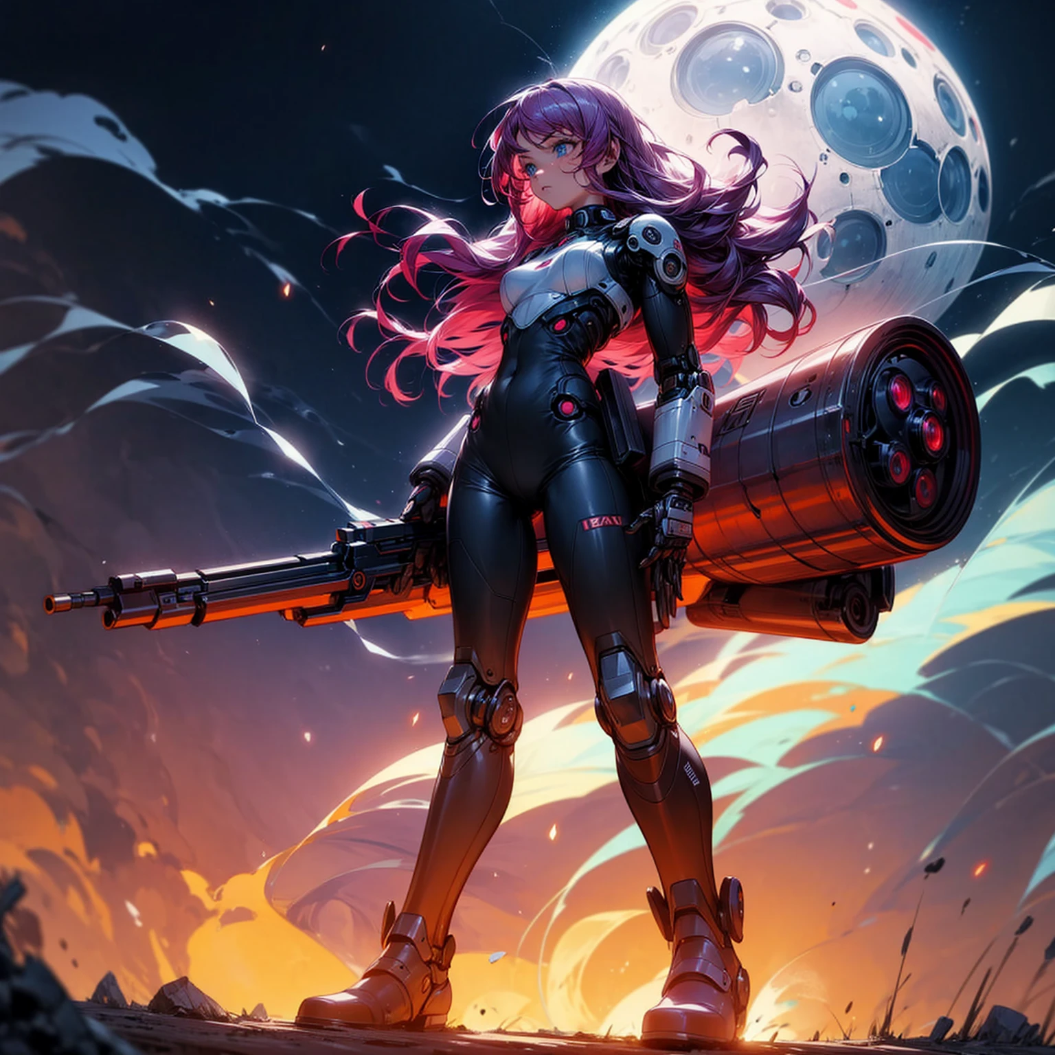 Ultra detailed, full background, Full body version, Grassroots, background in field, (solo, girl, cyborg, blue eyes, sad eyes, magenta color hair, long hair, pants, Boots), standing gesture, hand turns into a shotgun, low angle view, full body robotic, smoke effect, fire effect, lighting on shotgun, Red laser, largest robotic shotgun, moon, Moonlight, The whole body is fully robotic