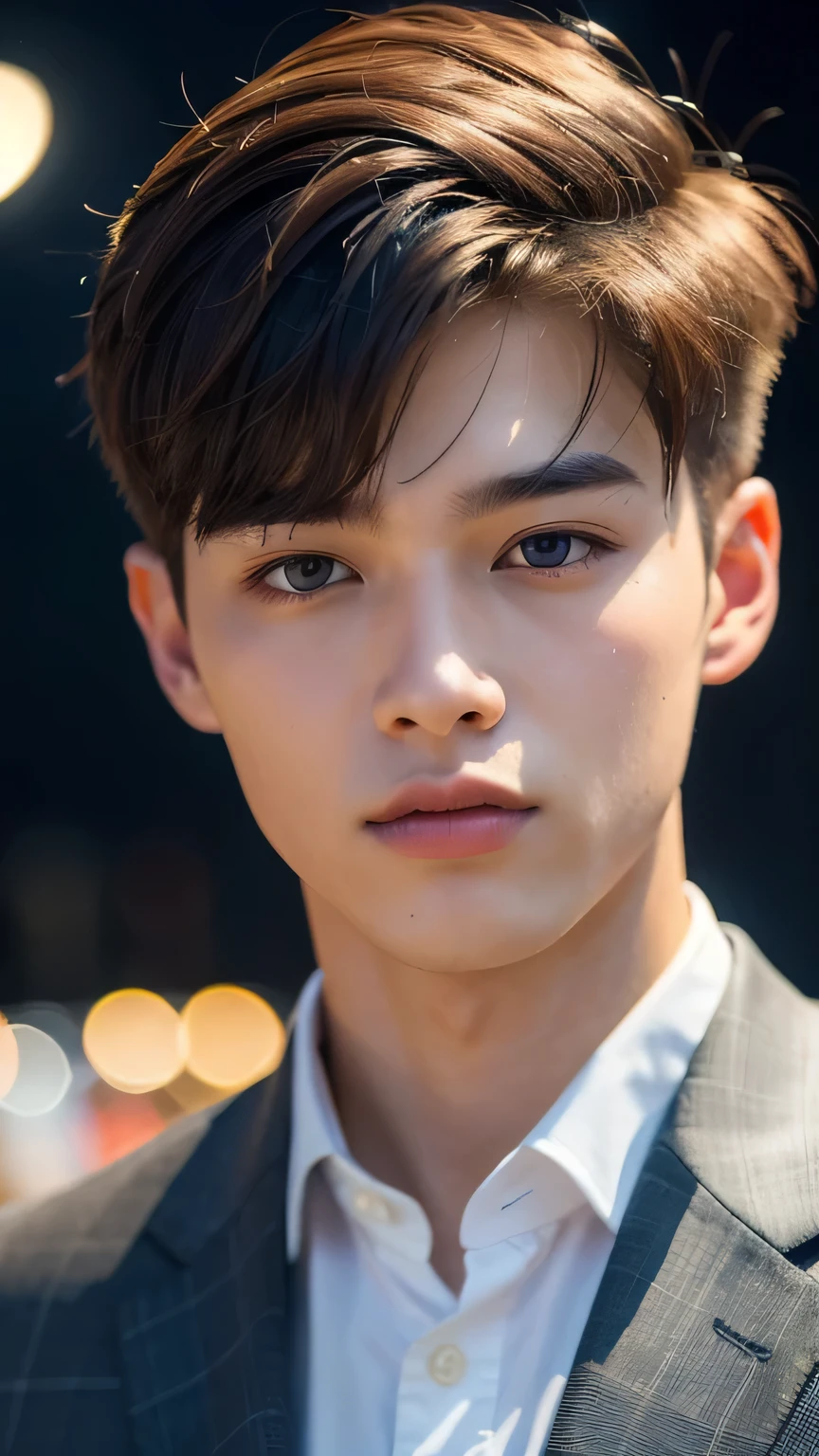 Highest quality, masterpiece, Ultra-high resolution, (Realistic: 1.4), Original photo, wallpaper, Head Photo, skin, Simple Background, Iris, detailed, Selfie, 1 boy, 18-year-old, good looking, Wind,suit、night