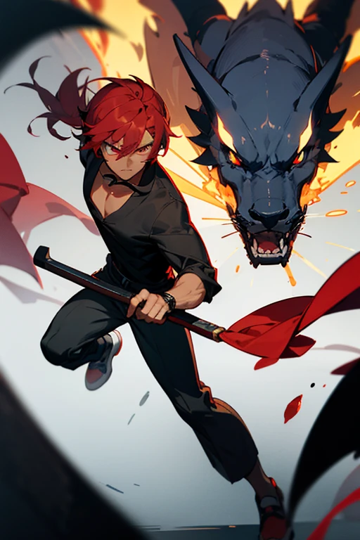 Anime, anime 2D, anime style, male, male chatacter, dark skin, masculine dark skin, fullbody, eyes, 2D realist eyes, serious eye, red wine eyes, hair, short hair, short ponytail hair, red wine hair, mescle, shirt, black shirt, compression shirt, high collar shirt, pants, long pants, shoes, bots, black bots, black male long bots, lance weapon, dragon symbol, golden lance weapon