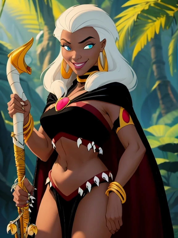 ((masterpiece,best quality)), absurdres, Queen_La_Tarzan, cape, dark skin, long white hair, black crop top, smug, smiling, holding a golden staff, solo, smiling, looking at viewer, cowboy shot, jungle in background, cinematic composition, dynamic pose,
