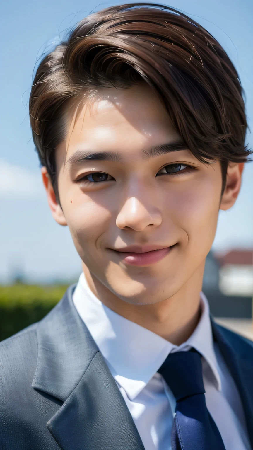 Highest quality, masterpiece, Ultra-high resolution, (Realistic: 1.4), Original photo, wallpaper, Head Photo, skin, Simple Background, Iris, detailed, Selfie, 1 boy, 18-year-old, good looking, Wind,Asahi、suit、smile