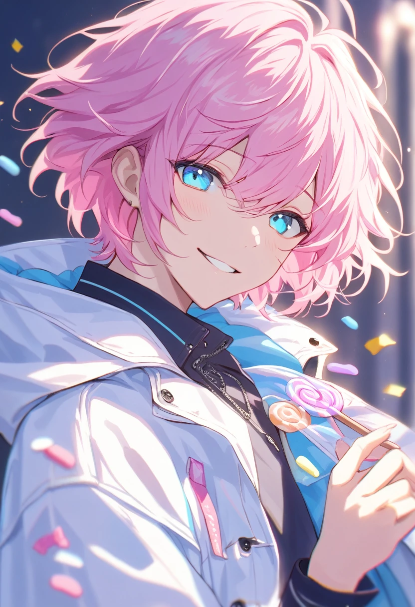 Masterpiece, highres, best quality, solo, 1 male, short hair, pink hair, blue eyes, white coat, smile facial, pastels, candy