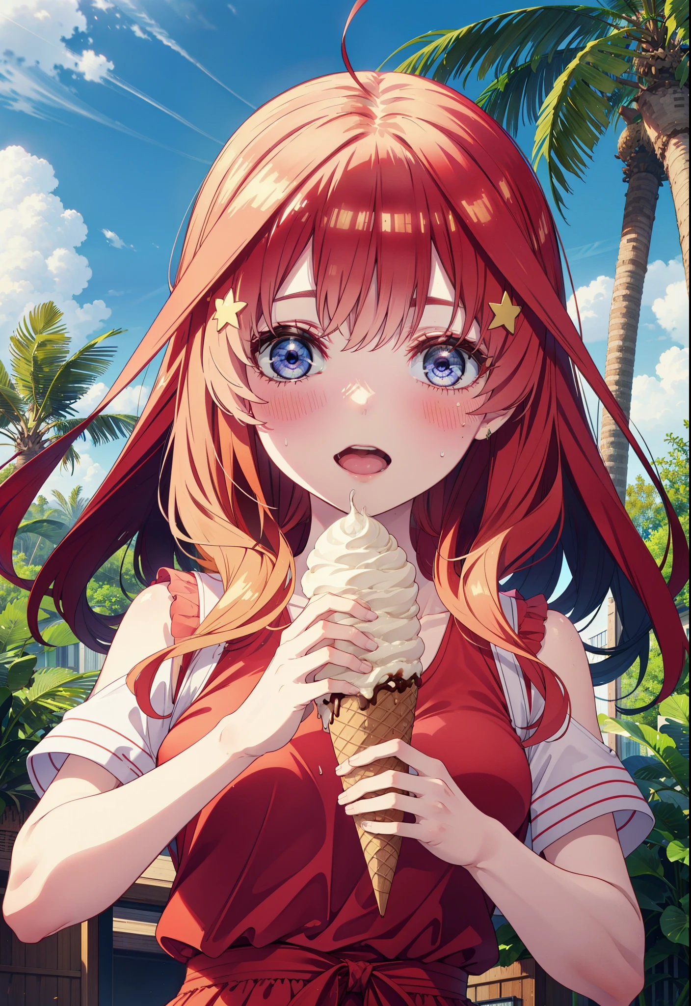 itsukinakano, Itsuki Nakano, bangs, blue eyes, Hair between the eyes, Ahoge, Redhead, star \(symbol\), hair ornaments, star hair ornaments,ハイビスカスのhair ornaments,Red Tank Top,Long skirt,Heeled Sandals,Walking,smile,blush,Open your mouth,Eating ice cream,Holding ice cream in one hand,whole bodyがイラストに入るように,Palm tree,True Summer,Clear skies,
break outdoors,Building district,tropical,
break looking at viewer,whole body ,
break (masterpiece:1.2), Highest quality, High resolution, unity 8k wallpaper, (figure:0.8), (Beautiful attention to detail:1.6), Highly detailed face, Perfect lighting, Highly detailed CG, (Perfect hands, Perfect Anatomy),