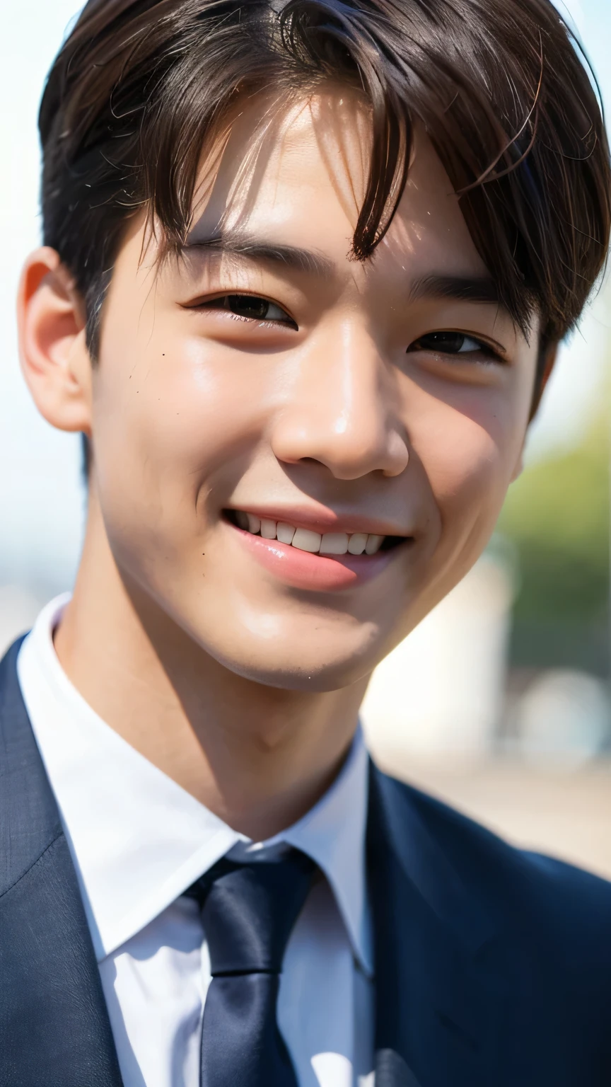 Highest quality, masterpiece, Ultra-high resolution, (Realistic: 1.4), Original photo, wallpaper, Head Photo, skin, Simple Background, Iris, detailed, Selfie, 1 boy, 18-year-old, good looking, Wind,Asahi、suit、smile