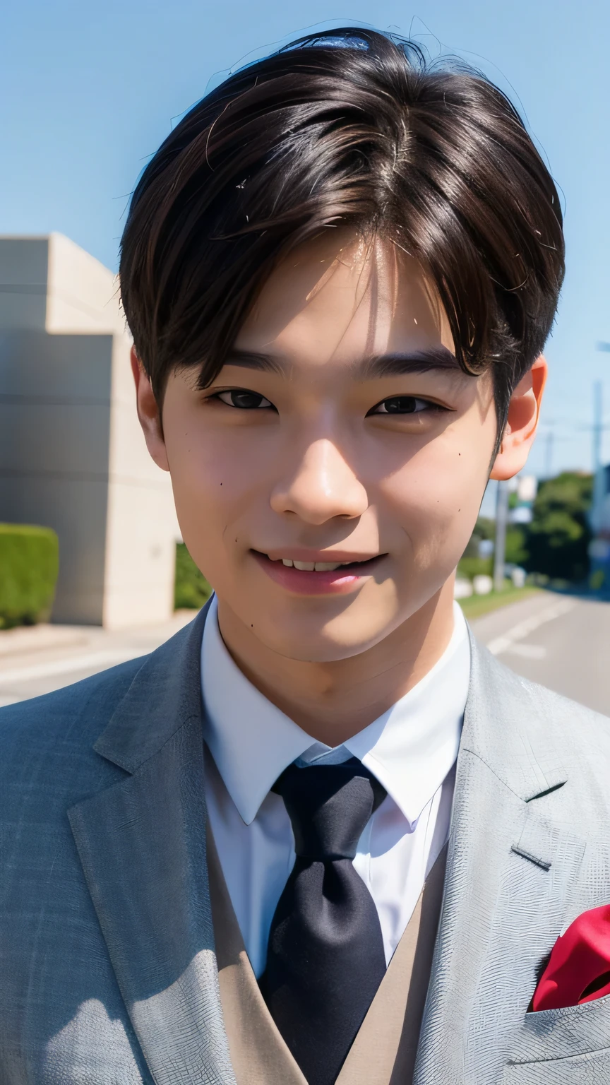 Highest quality, masterpiece, Ultra-high resolution, (Realistic: 1.4), Original photo, wallpaper, Head Photo, skin, Simple Background, Iris, detailed, Selfie, 1 boy, 18-year-old, good looking, Wind,Asahi、suit、smile