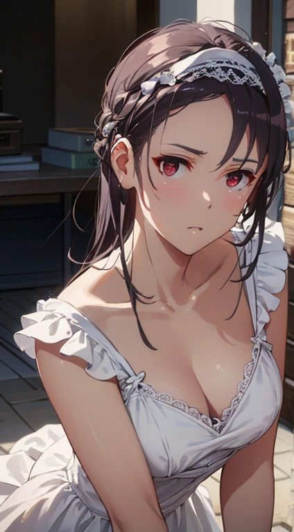 utaha kasumigaoka (deep red eyes:1.7), long black hair, white hairband (ample chest:1.2), leaning forward BREAK collarbone, ((translucent frilly white dress)), bare arms, bare shoulders, bare legs BREAK looking at viewer, BREAK ((outdoors on the sandy beach)), BREAK (masterpiece:1.2), best quality, high resolution, unity 8k wallpaper, (illustration:0.8), (beautiful detailed eyes:1.6), extremely detailed face, perfect lighting, extremely detailed CG, (perfect hands, perfect anatomy), ((semi-profile))