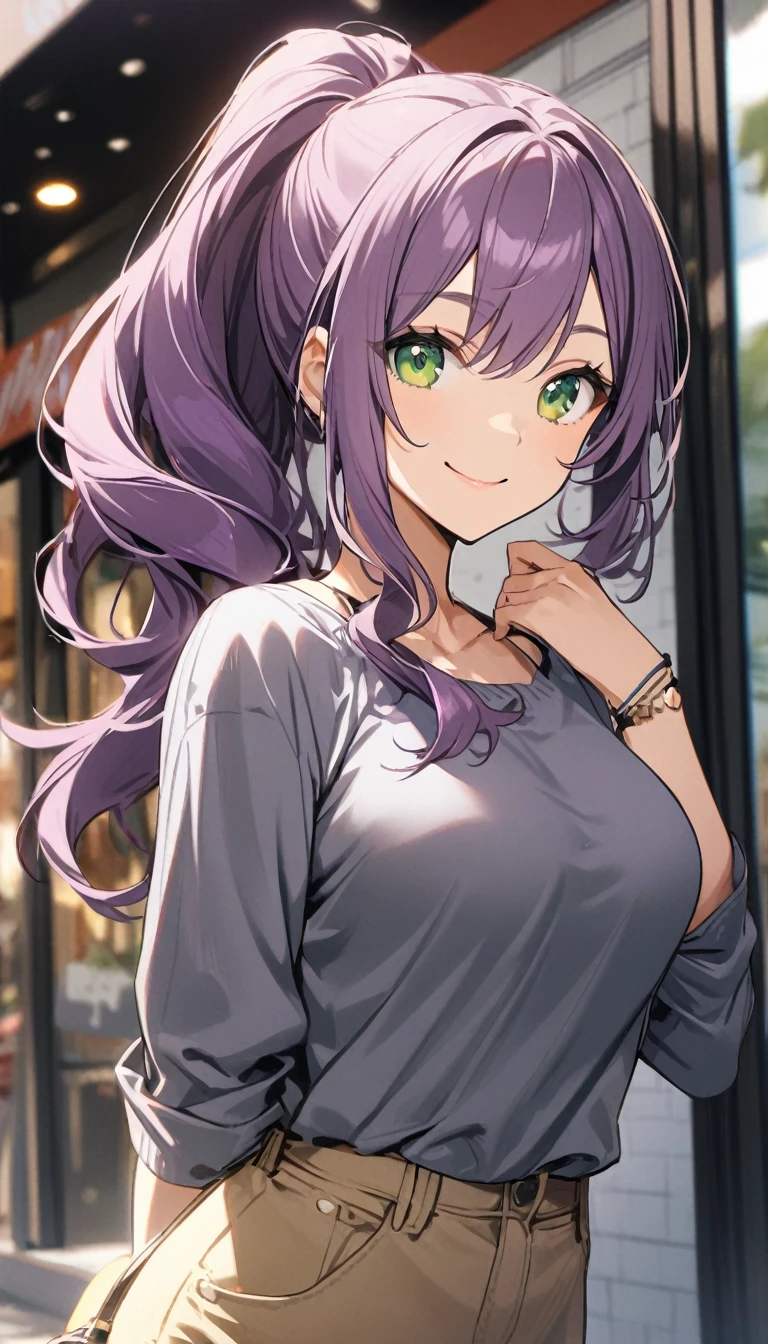 1girl,purple ponytail hair,green eyes,large breasts,smile,casual