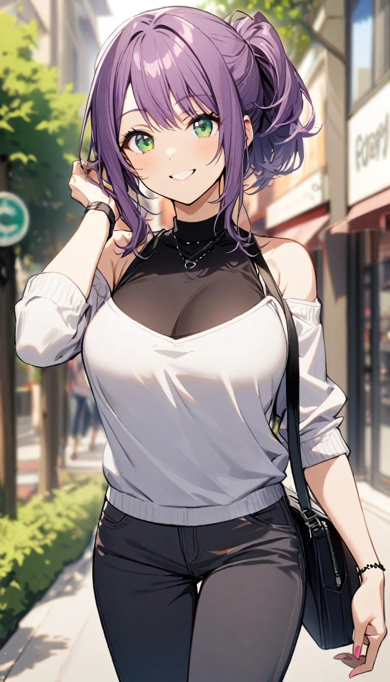 (masterpiece,Highest quality,8K,Ultra-high resolution),appropriate margins,Emphasize the face,Alley,BREAK,1 person,Very beautiful adult woman,Slim body,Very large breasts,Bust 120,Upturned chest,BREAK,Purple Hair,Thick eyelashes,(Red eyes),Embarrassing,short hair,unkempt,Bedhead,BREAK,White turtleneck sweater,Open back,Shorts
