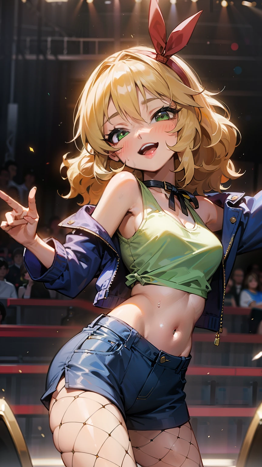 masterpiece,best quality, ultra-detailed,1girl(sakurai momoka, lovely small breasts, glow skin, wavy hair, long hair, blonde hair, headband(red ribbon),green eyes),a face in love, smile, open mouth, glow lips, head tilt, solo, blue jacket, white tank_top,  navel, blue short shorts,  fishnets pantyhose, in the stage, dancing, sexy dance, Sexy waist teasing, mike grab, sing , singing