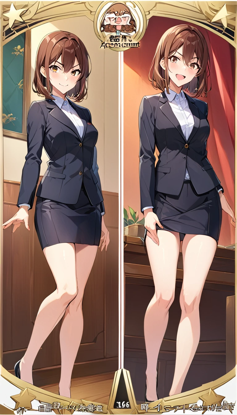 masterpiece: 1.6, Highest quality: 1.4, Intricate details: 1.2, 1 mature woman,28 years old,office lady,attractive office lady, alone, (Brown Hair), Medium Hair, single ~ ~ sidelock, amount: 1.5, Slender figure,Small breasts,(Exposed thighs:1.3),office casual style, (Black recruitment suit:1.5),White shirt,(Black tight skirt:1.2), Full Body Shot, Multiple Views, front, return, ~ ~ side, performance, ((Character setting material collection, Different poses of the same character, Character Reversal: 1.5, Multiple Views)), arms behind return, Portraiture, Happy, Are crying, Get angry, smile