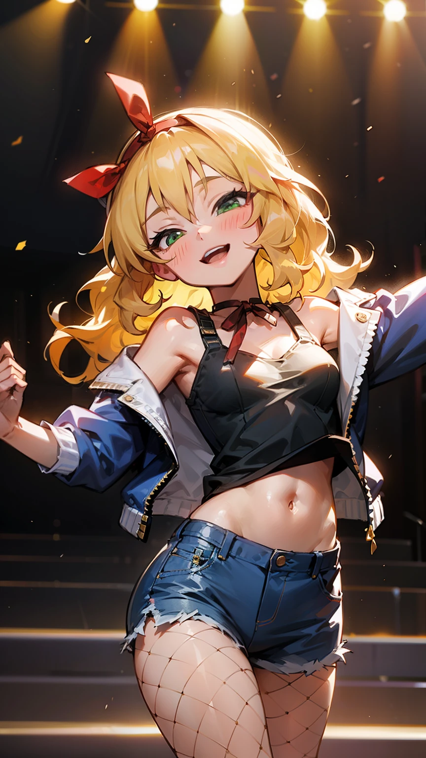 masterpiece,best quality, ultra-detailed,1girl(sakurai momoka, lovely small breasts, glow skin, wavy hair, long hair, blonde hair, headband(red ribbon),green eyes),a face in love, smile, open mouth, glow lips, head tilt, solo, blue jacket, white tank_top, navel, blue short shorts, fishnets pantyhose, in the stage, dancing, sexy dance, Sexy waist teasing, mike grab, sing , singing