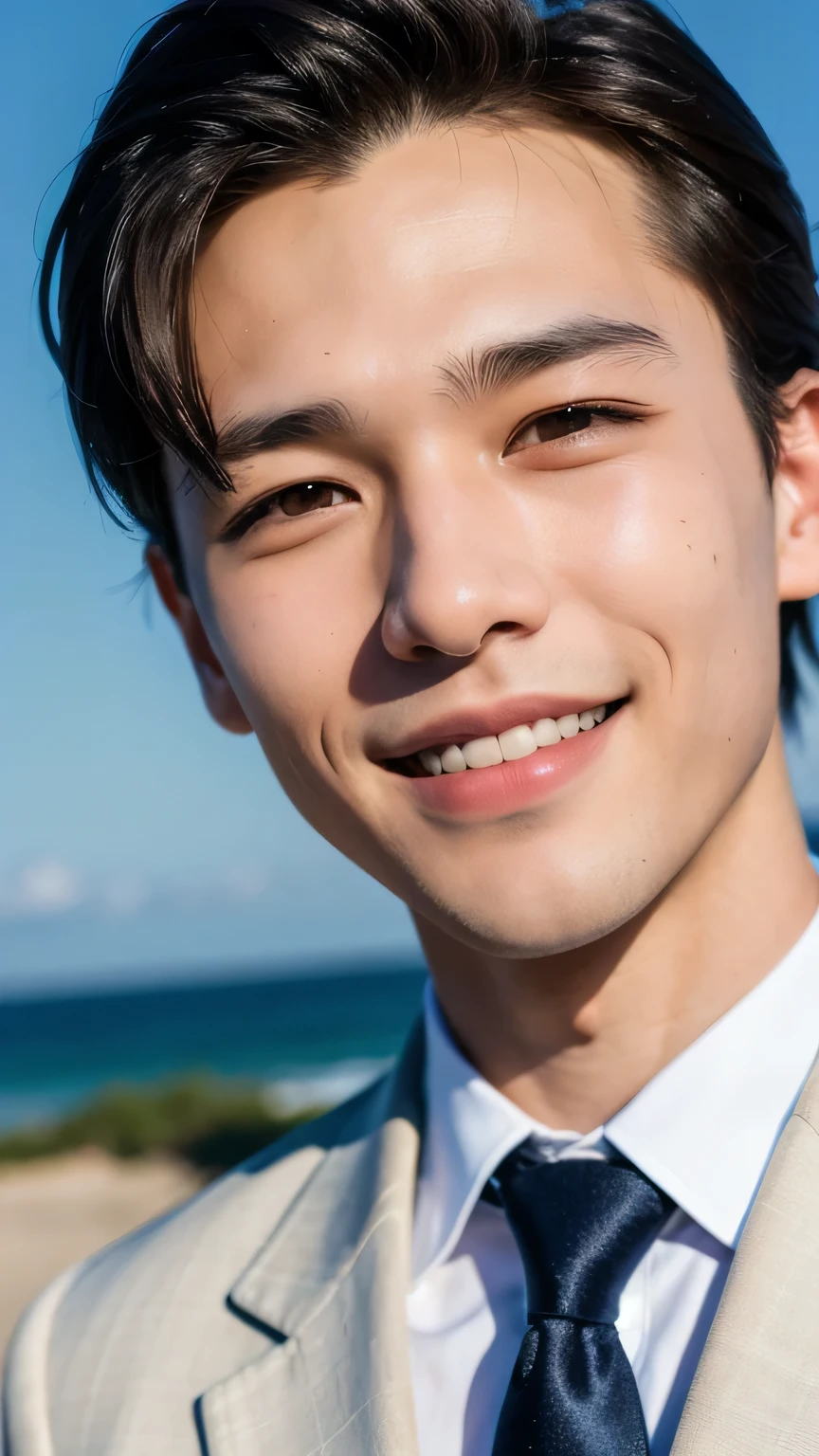 Highest quality, masterpiece, Ultra-high resolution, (Realistic: 1.4), Original photo, wallpaper, Head Photo, skin, Simple Background, Iris, detailed, Selfie, 1 boy, 18-year-old, good looking, Wind,Asahi、suit、smile