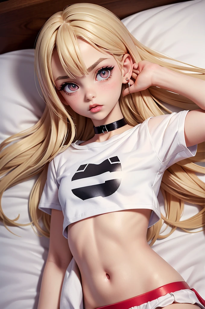 hyperrealistic 14 year old american teen, blonde, little, perfect tiny body, sexy, dark makeup, small choker, perfect slim face, big red lips, very cute face, tiny body, big eyes, young looking, childish looking, perfect belly, lying on her bed, SFW