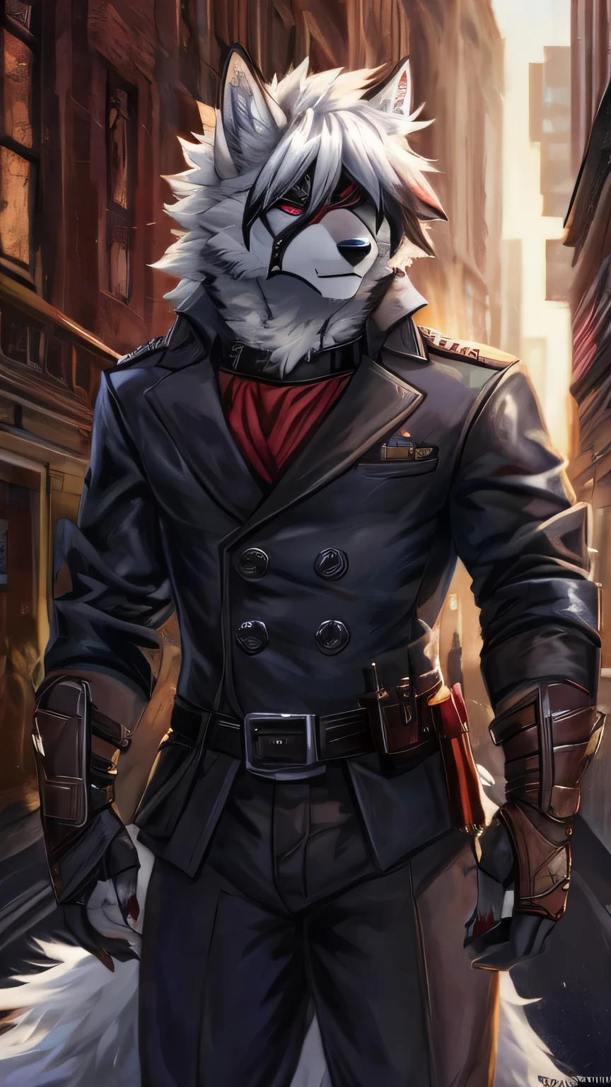 von lycaon, wolf, white fur,fluffy, black belt, red eyes, clothed, eye patch, detailed background,photorealism,hi res,male