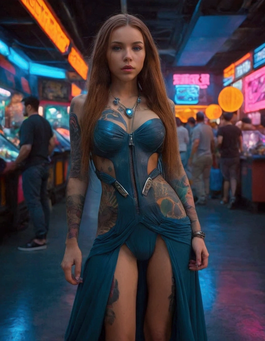 a lovely woman in an airy dress, marketplace on tattooine, aliens, star wars, cyberpunk, neon lights, crowd, futuristic, vibrant colors, detailed, photorealistic, 8k, high quality, cinematic, dynamic pose, beautiful girl, long flowing hair, intricate dress design, alien vendors, bustling marketplace, scifi atmosphere, dramatic lighting, advanced technologies, retro-futuristic, gritty urban, synergistic blend
