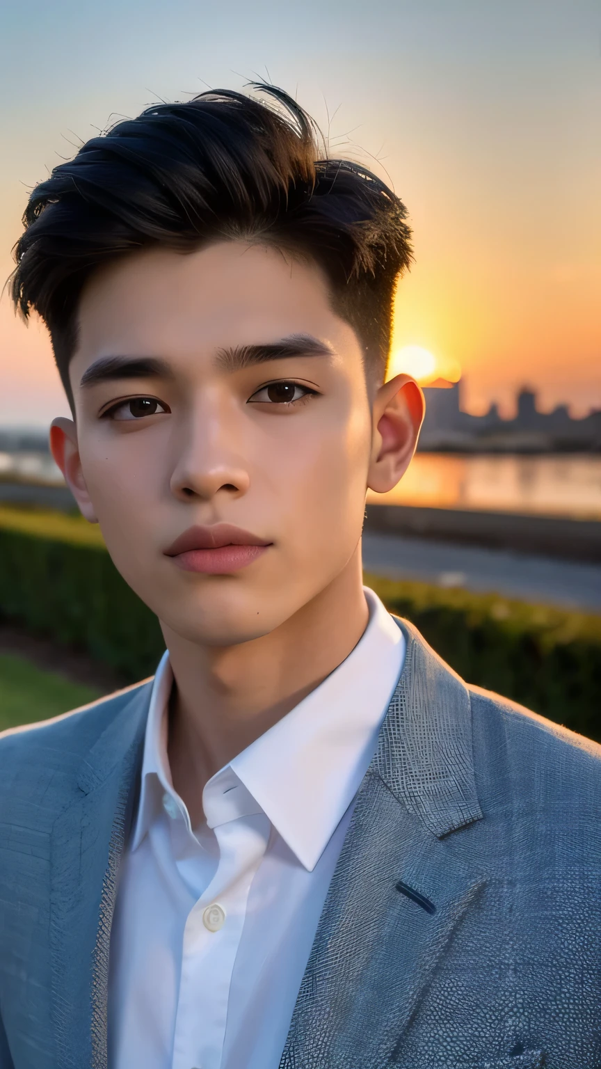Highest quality, masterpiece, Ultra-high resolution, (Realistic: 1.4), Original photo, wallpaper, Head Photo, skin, Simple Background, Iris, detailed, Selfie, 1 boy, 18-year-old, good looking, Wind,suit、Sunset