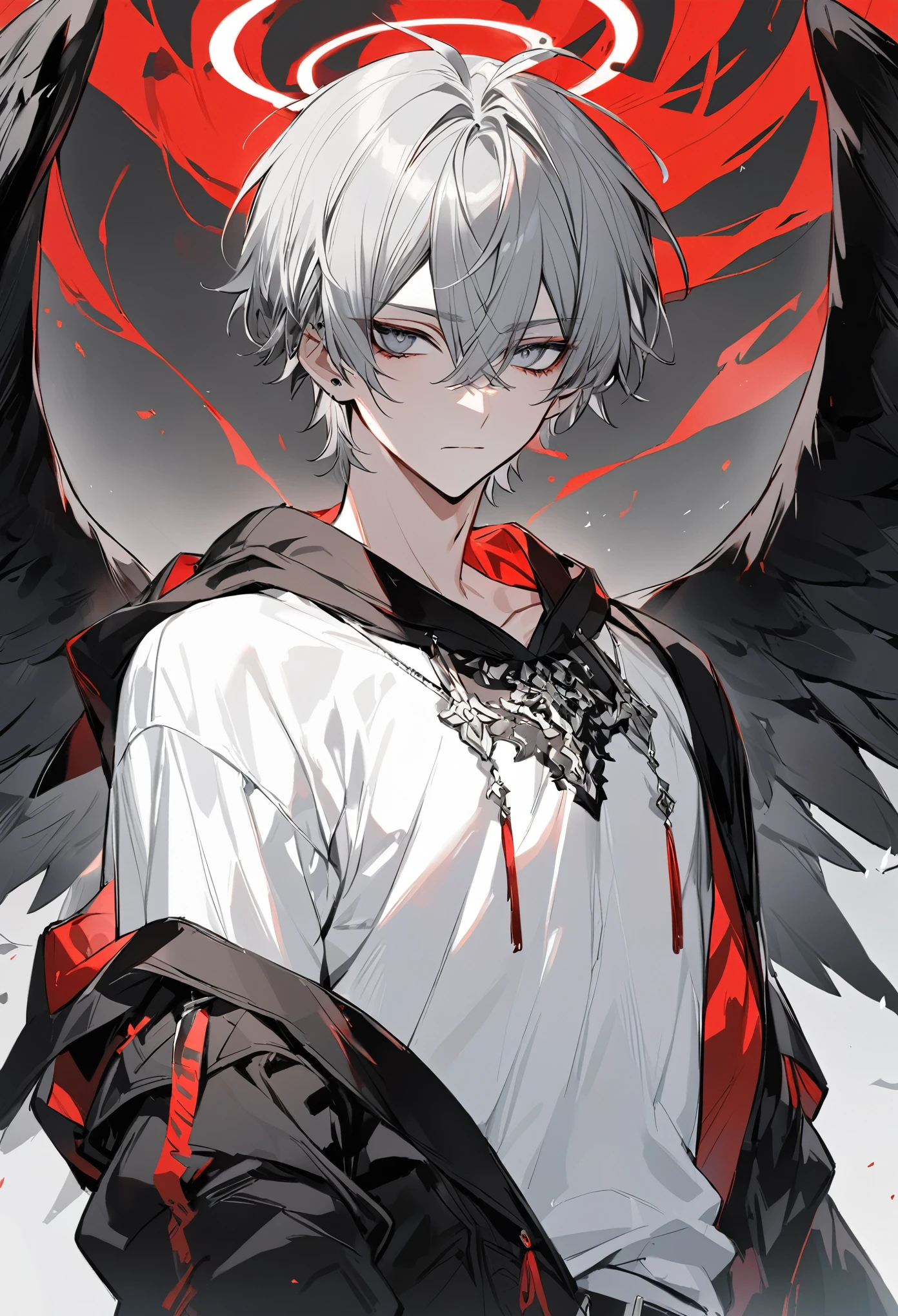 alone, good looking, 1 male, short hair, Black and gray hair, Pale eyes, White shirt, White Thailand, Black hood, Black wings, red halo