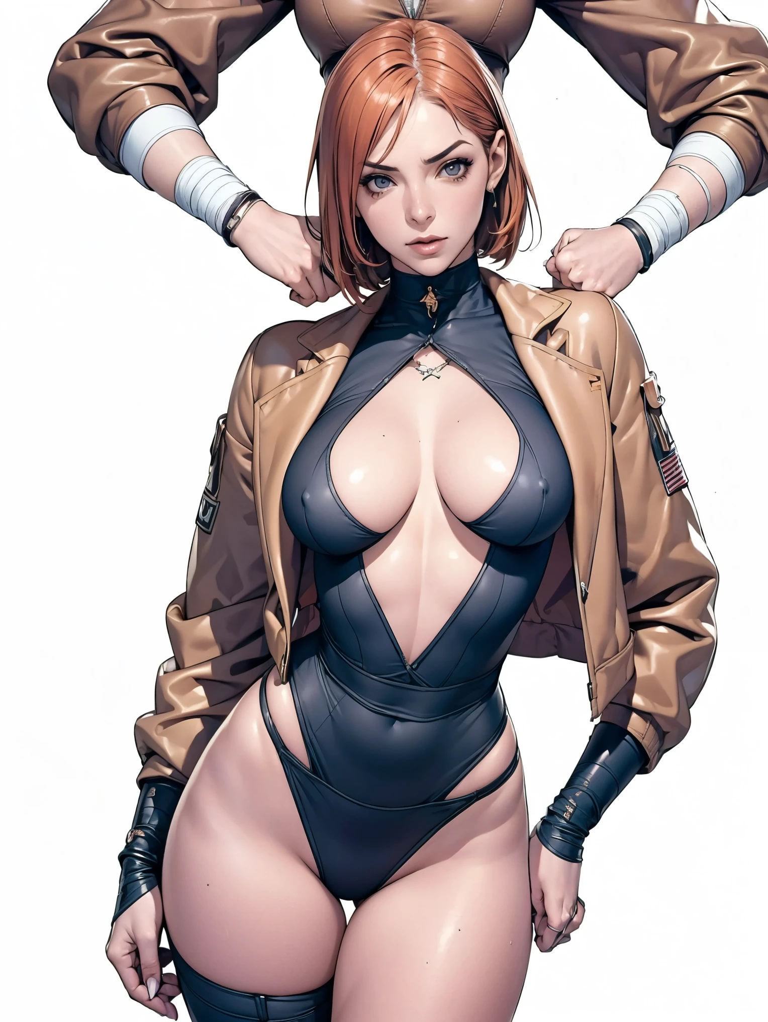 (((Annie Lennox))), (((copper color suit))), (scars), (((bandaged arms))), (((colorful clothes))) (( hood)), (((best qualityer: 1.4))), (Unbeatable masterpiece), (hiper HD),(CG 8k hyper-realistic), brave face, (((breasts big))), (((hyper feminine))), sexly girl, black tattoo,(ultra short red hair with white highlights)), ((( sculptural body ))), (((1 Kizi))), Kizi tatuada de 25 anos com perfectbody,,Beautiful and well-groomed face,muscular body:1.2,solid color detailed jacket, (Head to thigh photos), Complex equipment, copper,Tight clothes,With white stars and off-white stripes,,,,,Armor Metal Electronic Parts, Poison tattoos ) INFO, Kizi, (((standing alone))), pirralha violent, 24歳, sexy, pose de atitude, work of art, post-apocalypse, (((manga style))), bounty hunter, the way you want, perfect body, roupa moderna, advanced technology, Pleated mini skirt with checkered pattern in red and black, fur collar jacket, sleeves with vertical striped pattern, neutral background, (( cowboy shot )). intricate visual, narrow waist, (((wide hips))), wide hips, fit thighs, (thigh gap), background shows a futuristic airplane