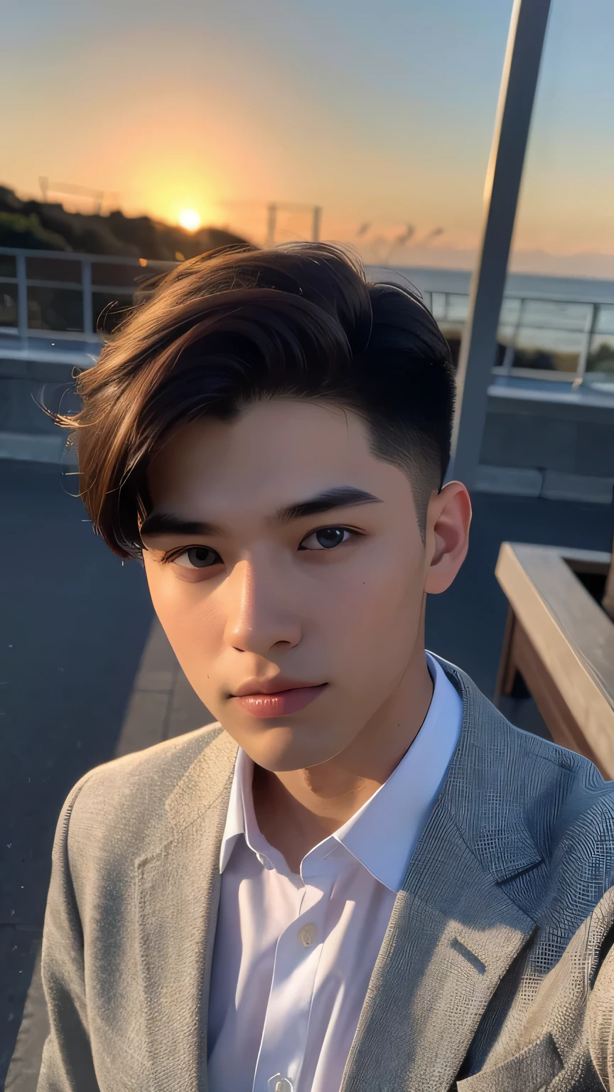 Highest quality, masterpiece, Ultra-high resolution, (Realistic: 1.4), Original photo, wallpaper, Head Photo, skin, Simple Background, Iris, detailed, Selfie, 1 boy, 18-year-old, good looking, Wind,suit、Sunset