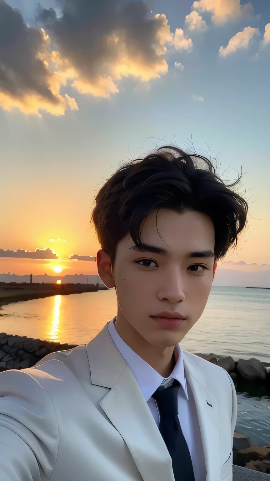 Highest quality, masterpiece, Ultra-high resolution, (Realistic: 1.4), Original photo, wallpaper, Head Photo, skin, Simple Background, Iris, detailed, Selfie, 1 boy, 18-year-old, good looking, Wind,suit、Sunset