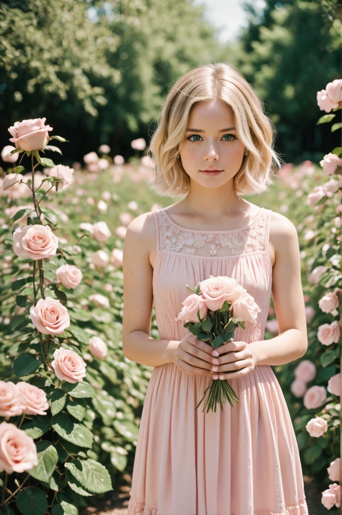 8k, raw photo, fujifilm, Style photography of a beautiful young girl like Avril in a light pink rose garden. (very detailed skin: 1.2) Style-Petal BREAK short hair, blonde hair with colored highlights, wearing a dress, film grain, 35mm, beautiful style