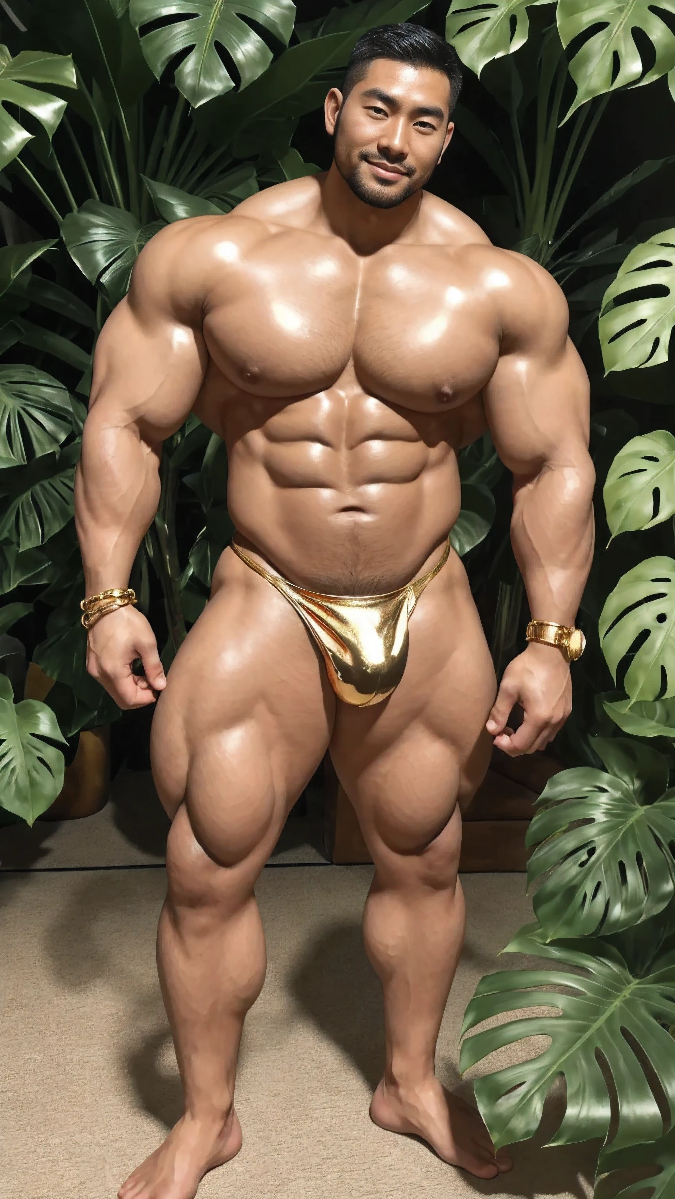 There is only one handsome Chinese man in the photo,35 years old,tall, Fitness,Smooth body,Smooth skin,No chest hair,short hair, O-Shaped Beard,Perfect body, Dark skin color,Radiant Skin,Smooth skin,Shiny, shiny skin,Smooth pectoral muscles,Muscle bulge, muscular, Very large pectoral muscles,Very sexy abdominal muscles,Very well-developed leg muscles,Huge concave and convex area,Brightens oily skin,Wearing a shiny gold leather thong,Handsome face,Normal human toes,Correct and accurate male body proportions,Gold bracelet,Gold anklets,Standing in front of Monstera leaves。