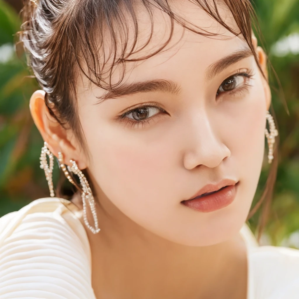 1boy, solo, looking at viewer, simple background, brown hair, white background, brown eyes, jewelry, ponytail, earrings, parted lips, lips(Highest quality, 8k HD, high resolution, masterpiece: 1.2) (realistic, photorealistic) (animation, anime characters)