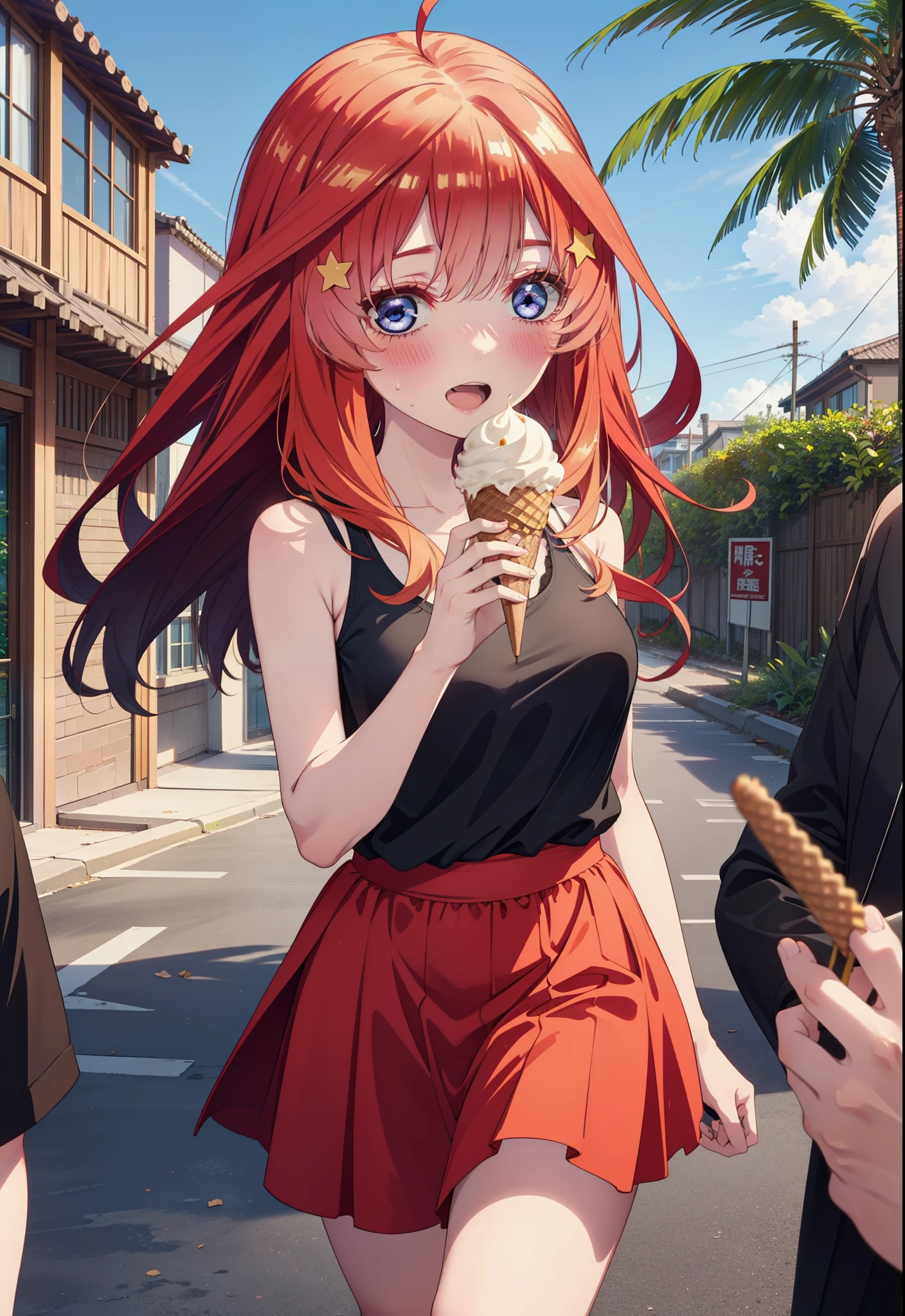 itsukinakano, Itsuki Nakano, bangs, blue eyes, Hair between the eyes, Ahoge, Redhead, star \(symbol\), hair ornaments, star hair ornaments,ハイビスカスのhair ornaments,Red Tank Top,Long skirt,Heeled Sandals,Walking,smile,blush,Open your mouth,Eating ice cream,Holding ice cream in one hand,whole bodyがイラストに入るように,Palm tree,True Summer,Clear skies,
break outdoors,Building district,tropical,
break looking at viewer,whole body ,
break (masterpiece:1.2), Highest quality, High resolution, unity 8k wallpaper, (figure:0.8), (Beautiful attention to detail:1.6), Highly detailed face, Perfect lighting, Highly detailed CG, (Perfect hands, Perfect Anatomy),