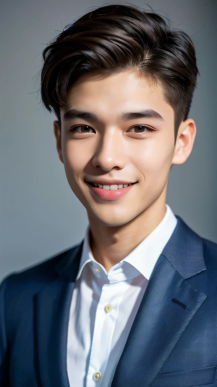 Highest quality, masterpiece, Ultra-high resolution, (Realistic: 1.4), Original photo, wallpaper, Head Photo, skin, Simple Background, Iris, detailed, Selfie, 1 boy, 18-year-old, good looking, Wind,night、suit、smile