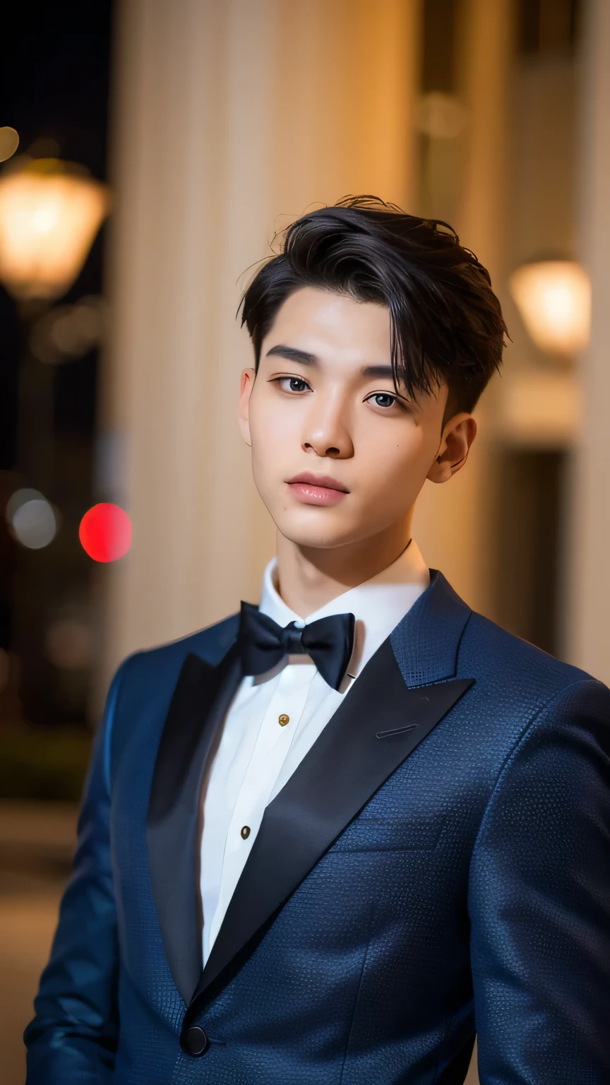 Highest quality, masterpiece, Ultra-high resolution, (Realistic: 1.4), Original photo, wallpaper, Head Photo, skin, Simple Background, Iris, detailed, Selfie, 1 boy, 18-year-old, good looking, Wind,night、suit
