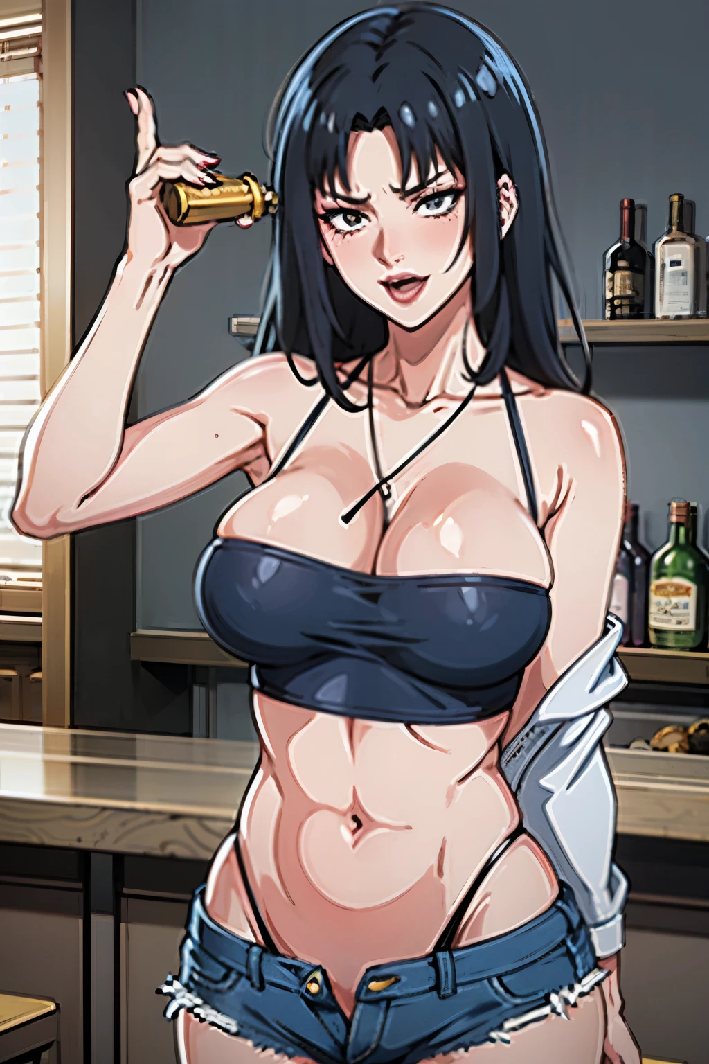 fw.nush, long hair, evil smile, mature female, milf, long hair, lipstick, smile, Hot girl, baddie, staring, glaring, bad attitude, mean girl, dare, angry, hate, crazy, smoking, sensual, attractive, masterpiece,high quality,4k, bare shoulder,belly,crop top,holding pistol,cleavage,casual dress, bar
background, inside bar, indoor,smile, open mouth, (nsfw) not safe for work, evil expression, exposed
belly, exposed navel, exposed midriff, exposed lower belly, crop top overhang, underboob,jacket,
unbuttoned jeans , low rise black jeans, Low rise jeans, Low rise jeans with open fly, navel piercing