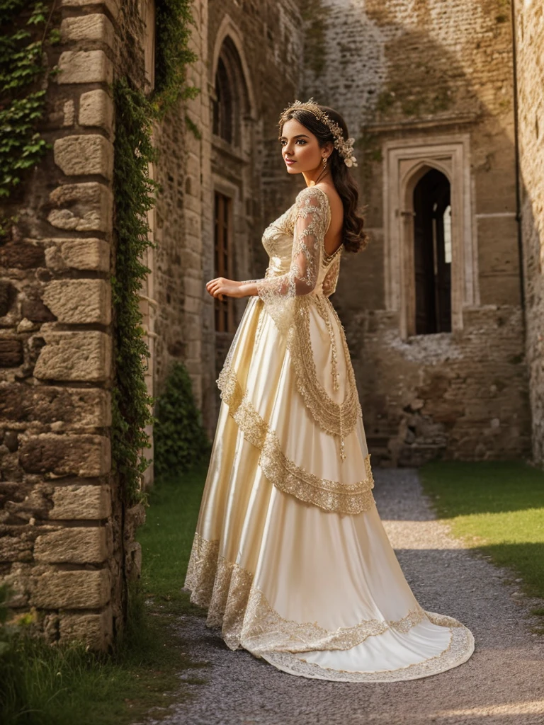 Beautiful woman in an intricate romantic vintage silk costume exploring an old castle in Europe, she is waering a panier,