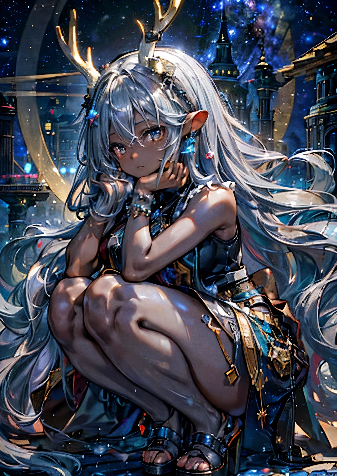 ((Highest quality)), ((masterpiece)), (detailed), One girl,Silver Hair,Long Hair，Dark Skin,Wearing a black sleeveless dress，Wear black high heels，Squatting pose on top of the tower,Starry Sky，cloud，Girl with deer antlers on her head，Look away