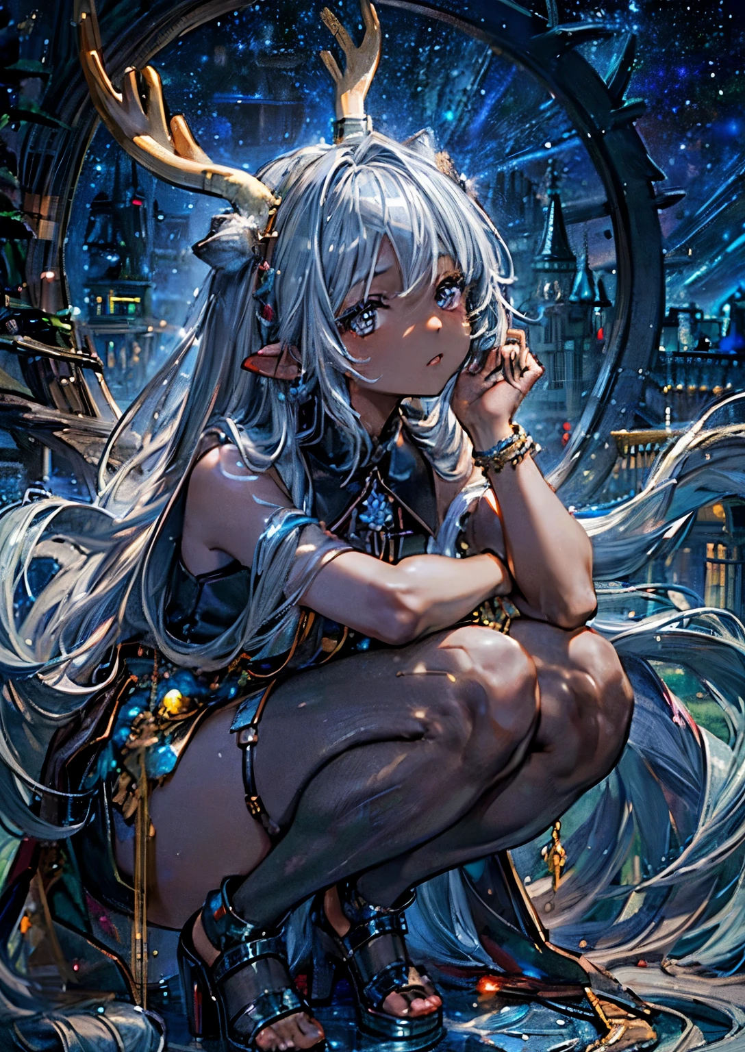 ((Highest quality)), ((masterpiece)), (detailed), One girl,Silver Hair,Long Hair，Dark Skin,Wearing a black sleeveless dress，Wear black high heels，Squatting pose on top of the tower,Starry Sky，cloud，Girl with deer antlers on her head，Look away