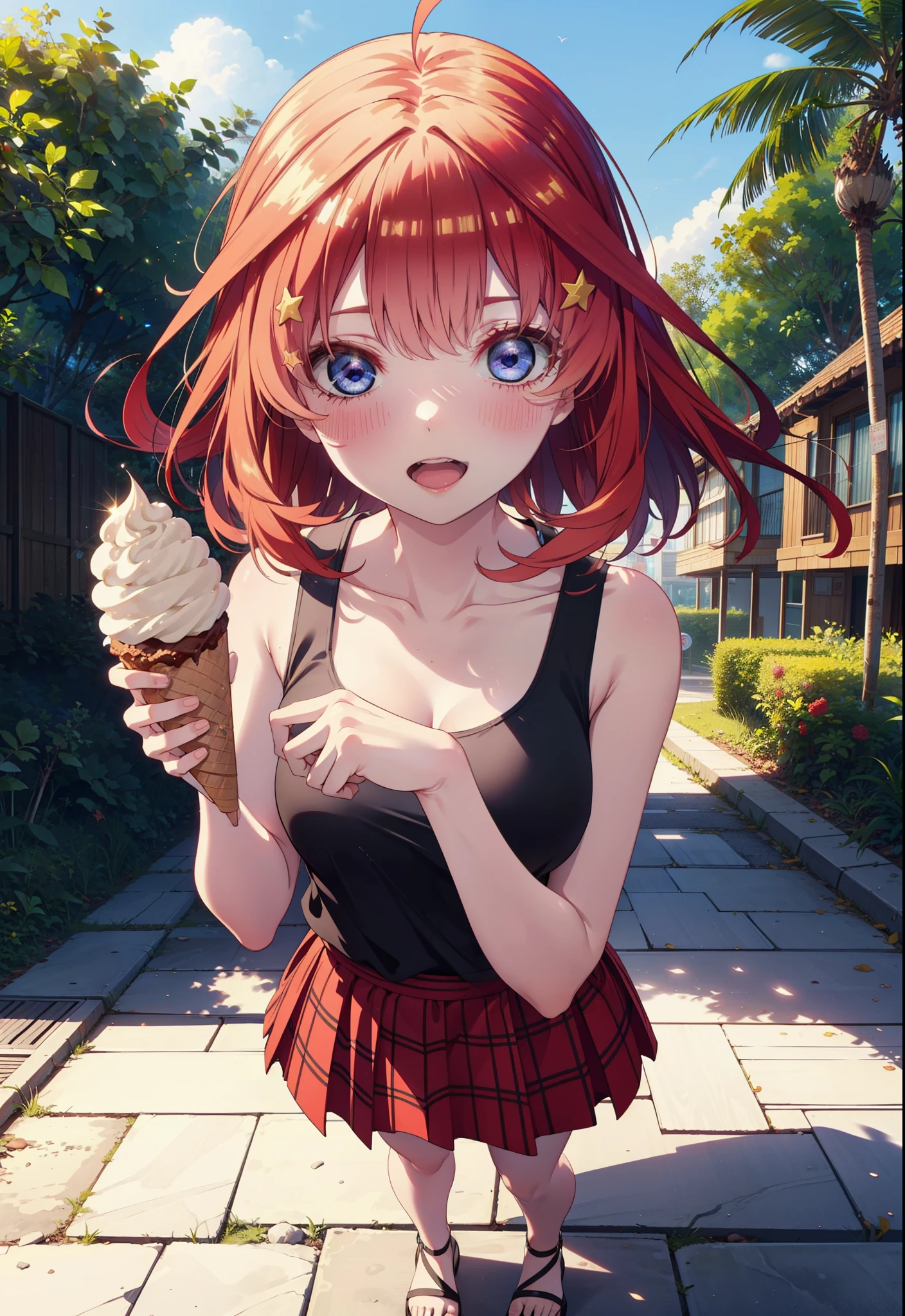 itsukinakano, Itsuki Nakano, bangs, blue eyes, Hair between the eyes, Ahoge, Redhead, star \(symbol\), hair ornaments, star hair ornaments,ハイビスカスのhair ornaments,Red Tank Top,Long skirt,Heeled Sandals,Walking,smile,blush,Open your mouth,Eating ice cream,Holding ice cream in one hand,whole bodyがイラストに入るように,Palm tree,True Summer,Clear skies,
break outdoors,Building district,tropical,
break looking at viewer,whole body ,
break (masterpiece:1.2), Highest quality, High resolution, unity 8k wallpaper, (figure:0.8), (Beautiful attention to detail:1.6), Highly detailed face, Perfect lighting, Highly detailed CG, (Perfect hands, Perfect Anatomy),