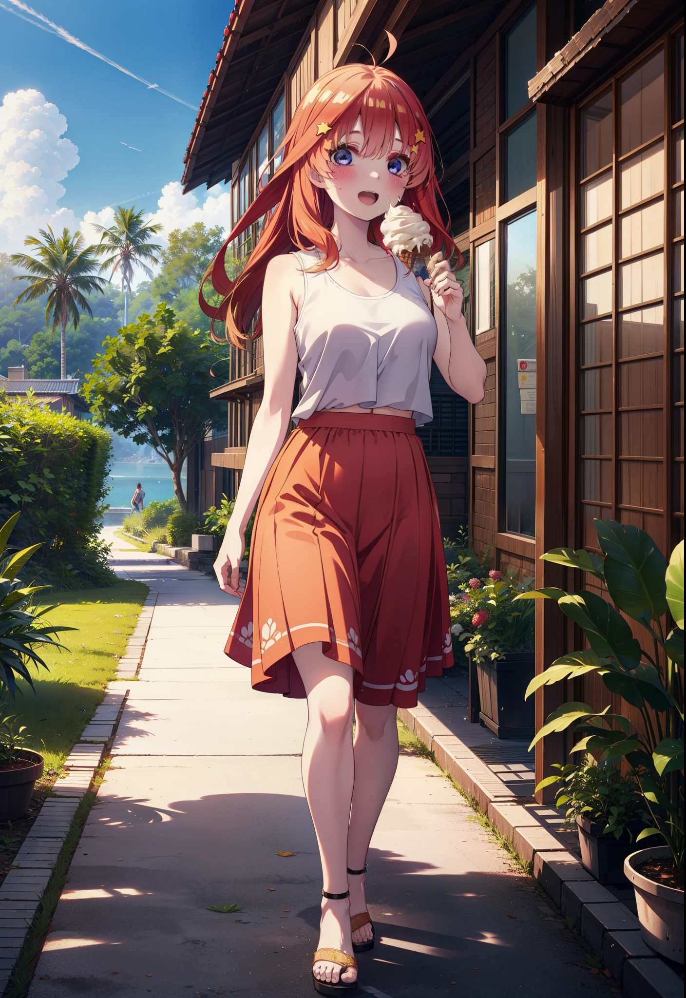 itsukinakano, Itsuki Nakano, bangs, blue eyes, Hair between the eyes, Ahoge, Redhead, star \(symbol\), hair ornaments, star hair ornaments,ハイビスカスのhair ornaments,Red Tank Top,Long skirt,Heeled Sandals,Walking,smile,blush,Open your mouth,Eating ice cream,Holding ice cream in one hand,whole bodyがイラストに入るように,Palm tree,True Summer,Clear skies,
break outdoors,Building district,tropical,
break looking at viewer,whole body ,
break (masterpiece:1.2), Highest quality, High resolution, unity 8k wallpaper, (figure:0.8), (Beautiful attention to detail:1.6), Highly detailed face, Perfect lighting, Highly detailed CG, (Perfect hands, Perfect Anatomy),