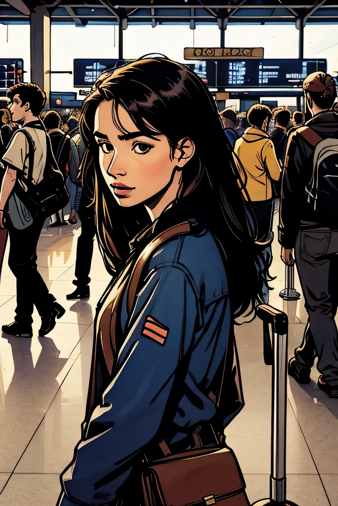 "Illustration of a busy airport. A young woman looks for someone in the crowd.