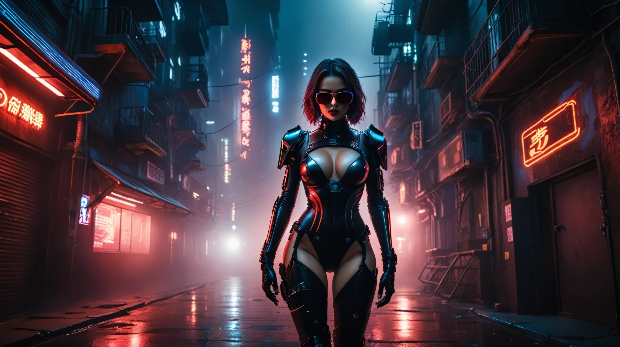 There's a cyborg woman wearing a futuristic leotard standing in a GhostlyStyle cyberpunk city alley at dark night, darksynth aesthetic, red neons, atmospheric fog, (1girl, solo, alone), large-breast:1.2 slim body, cleavage:1.1, (black sunglasses), (she raised a short-gun:1.8 and shot the viewer), dynamic pose, ((half-body thigh level medium shot)), cinematic lighting, lens flare, ray tracing, ((fisheye lens)).