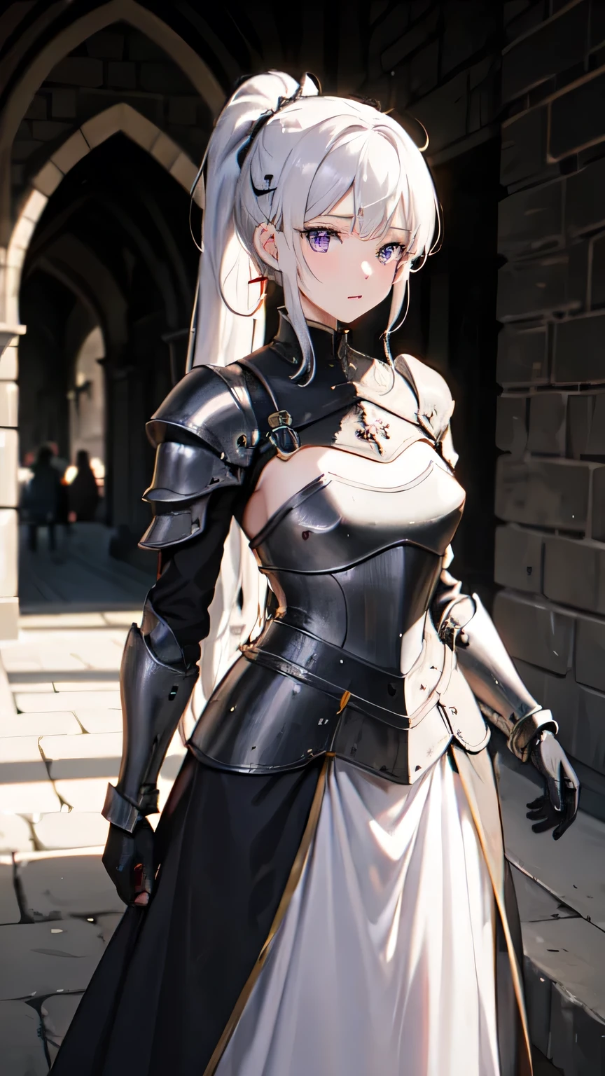 A beautiful girl with white hair tied in a ponytail and purple eyes, dressed in heavy armor, has arrived at the holy land of Canterbury.