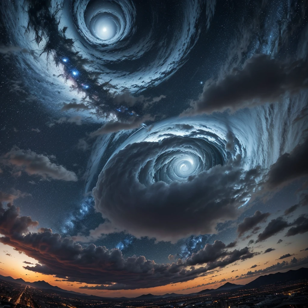 landscape、storm、typhoon、A giant eyeball in the center of the vortex、Flowing Clouds、Boy standing on top of a hill looking up、Surreal、Zdzisław Beksiński