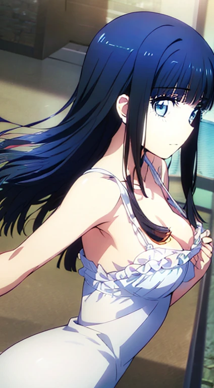 shiba miyuki (azure eyes:1.7), long black hair,(ample chest:1.2), leaning forward BREAK collarbone, ((translucent frilly white dress)), bare arms, bare shoulders, bare legs BREAK looking at viewer, BREAK ((outdoors on the sandy beach)), BREAK (masterpiece:1.2), best quality, high resolution, unity 8k wallpaper, (illustration:0.8), (beautiful detailed eyes:1.6), extremely detailed face, perfect lighting, extremely detailed CG, (perfect hands, perfect anatomy), ((semi-profile))