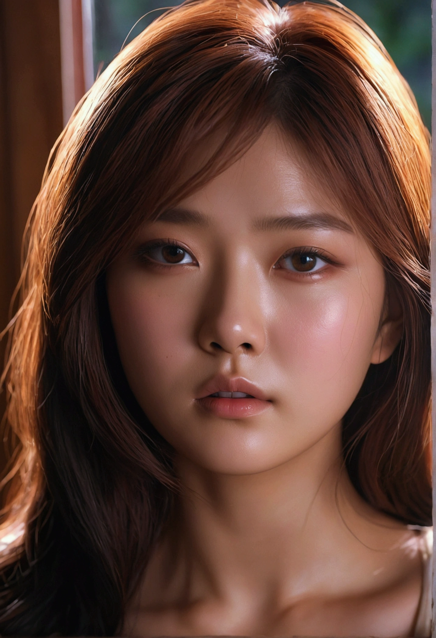 (daydream), 1girl, (upper body (close face)) picture, Kim Yoo-jung, (beauty goddess (Russian)), (insult strip colour hair), (8k HD extremely realistic detailed eye:1.5 (soft scene, very low lightning), detailed beautiful reflection pupil, masterpiece:1.3, ultra highres:1.2, dynamic lighting),