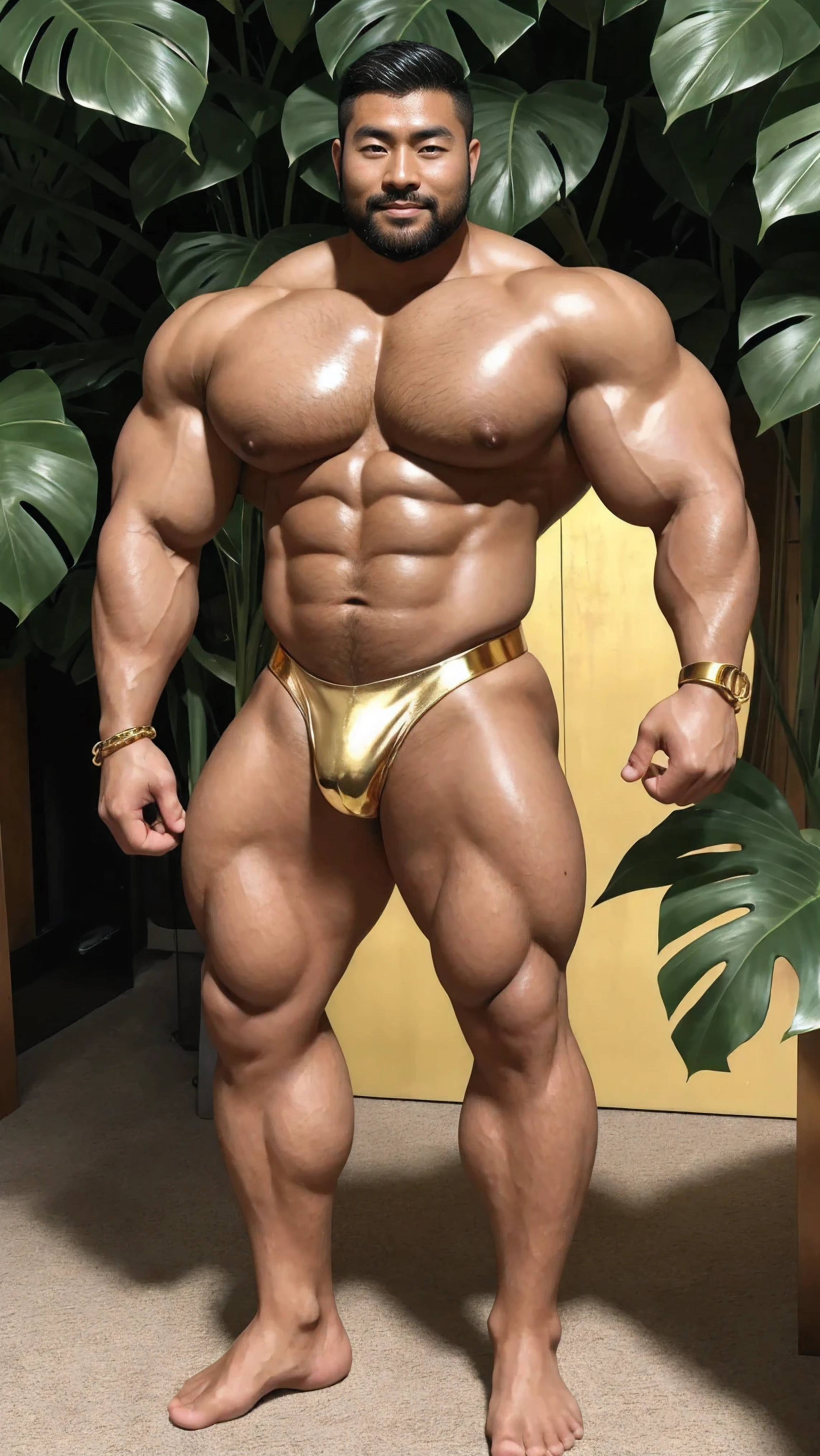 There is only one handsome Chinese man in the photo,35 years old,tall, Fitness,Smooth body,Smooth skin,No chest hair,short hair, O-Shaped Beard,Perfect body, Dark skin color,Radiant Skin,Smooth skin,Shiny, shiny skin,Smooth pectoral muscles,Muscle bulge, muscular, Very large pectoral muscles,Very sexy abdominal muscles,Very well-developed leg muscles,Huge concave and convex area,Brightens oily skin,Wearing a shiny gold leather thong,Handsome face,Normal human toes,Correct and accurate male body proportions,Gold bracelet,Gold anklets,Standing in front of Monstera leaves。