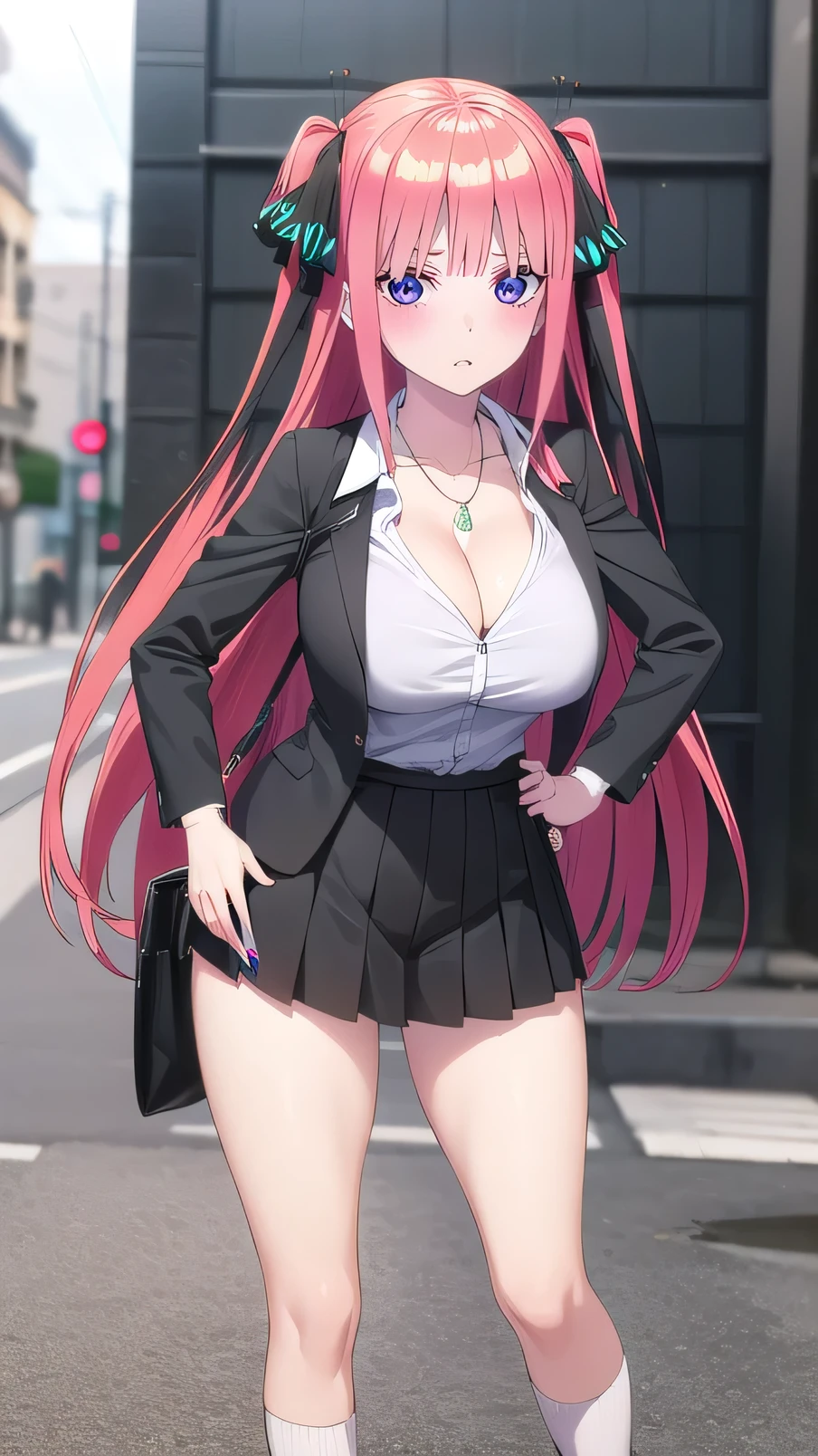 front view detailed body, long belly , Slender body, tight body , thicc, large breast, breast, long thighs, masterpiece, long hair, very long hair, ninonakano, nino nakano, long hair, bangs, blue eyes, hair ornament, hair ribbon, pink hair, blunt bangs, two side up, butterfly hair ornament,hair_between_eyes, very_long_hair, cowboy shot, front shot, looking at viewer, 1girl, breasts, jewelry, cleavage, solo, skirt, long_hair, bag, yellow_skirt, large_breasts, shirt, bracelet, necklace, smile, outdoors, white_shirt, looking_at_viewer, earrings, purple_eyes, hand_on_hip, collared_shirt, bangs, thighs, closed_mouth, road, nail_polish, socks, collarbone, blush, street, shirt_tucked_in, standing, black_socks, kneehighs, long_sleeves, Beautiful Finger,Beautiful long legs,Beautiful body,Beautiful Nose,Beautiful character design, perfect eyes, perfect face,expressive eyes, looking at viewer,(Full_body),(Focus on her face), official art,extremely detailed CG unity 8k wallpaper, perfect lighting,Colorful, Bright_Front_face_Lighting,shiny skin, (masterpiece:1.0),(best_quality:1.0), ultra high res,4K,ultra-detailed, photography, 8K, HDR, highres, absurdres:1.2, Kodak portra 400, film grain, blurry background, bokeh:1.2, lens flare, (vibrant_color:1.2) (Beautiful,large_Breasts:1.4), (beautiful_face:1.5),(narrow_waist), facing the viewer