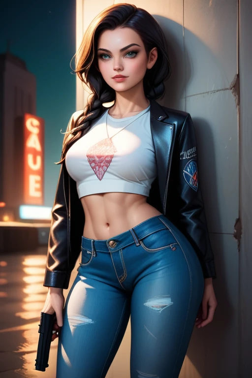 Hungarian woman with an athletic and toned physique; striking features with high cheekbones; green eyes; long, dark hair often styled in intricate braids; 'light olive' skin; best quality; trending on artstation; strong shadows; artistic lighting; dynamic; energetic vibe; realistic skin; specular highlights; micro-textures; highly detailed hair; in a dive-bar at night; crumbling concrete walls; dystopian aesthetic; wearing a leather jacket and denim jeans, holding a pistol; deep neon glow with little illumination; shrouded in shadow; barely any light; slums
