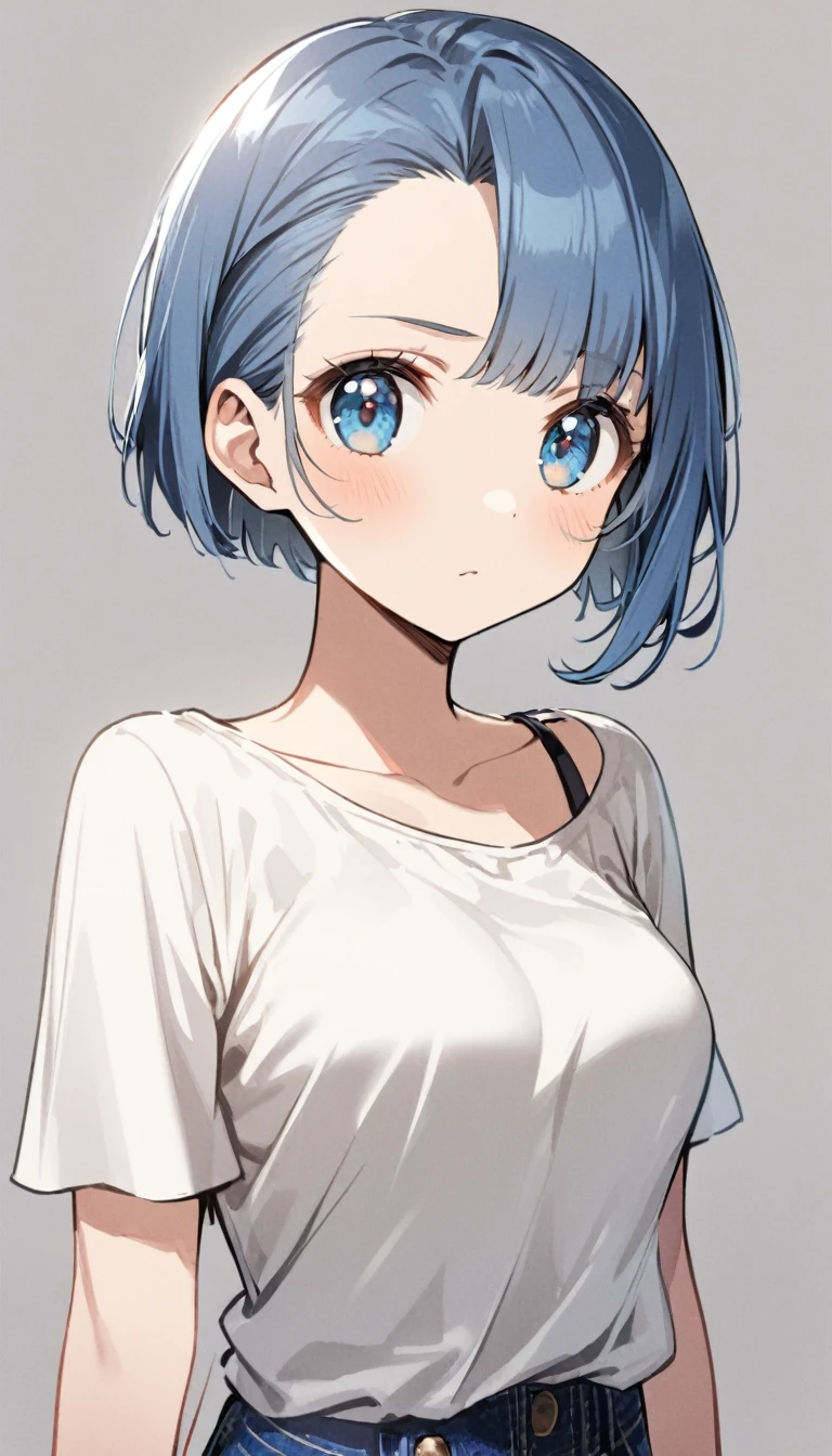 1girl,pixie_cut_hair,steelblue hair,asymmetrical bangs,bangs_pulled_back,right forehead exposed,steelblue eyes,tareme,medium breasts,casual