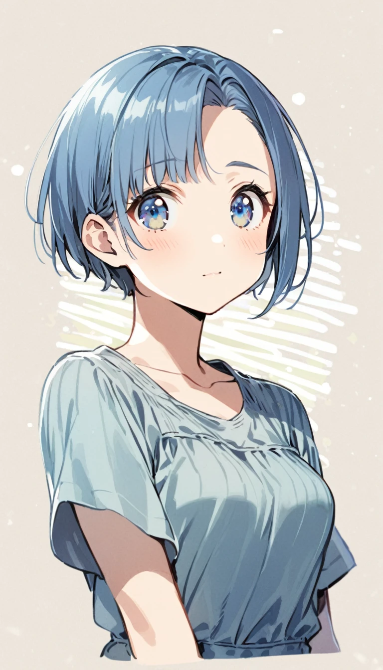 1girl,pixie_cut_hair,steelblue hair,asymmetrical bangs,bangs_pulled_back,right forehead exposed,steelblue eyes,tareme,medium breasts,casual