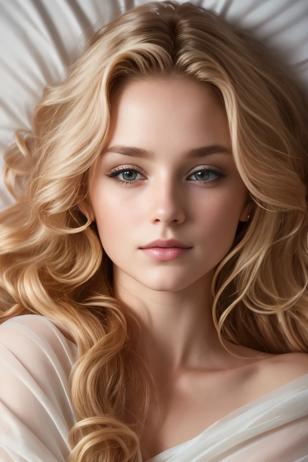 Photo of a 20-year-old European woman, .primitive, Beautiful woman, (extra long wavy blonde hair), ((sportrait)), ((Detal Face:1.2)), ((Detailed facial features)), (Fine fine skin), Pale skin, , Wrapped in sheets, room environment, Lie down in bed, (cool colours), soggy, soggy, Reflectorasutepiece) (perfectly proportions)(photograph of-realistic)(Best quality) (A detailed) Shot on a Canon EOS R5, Spring 50mm, f/2.8, NFFSW, (8K) (Wallpapers) (Cinematic lighting) (Dramatic lighting) (sharp focus) (complex) Moda, from the above